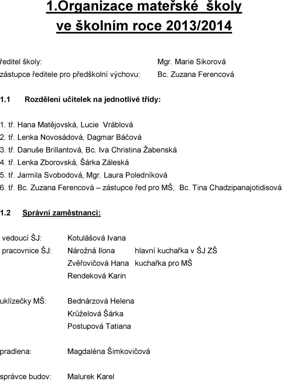 tř. Jarmila Svobodová, Mgr. Laura Poledníková 6. tř. Bc. Zuzana Ferencová zástupce řed pro MŠ, Bc. Tina Chadzipanajotidisová 1.