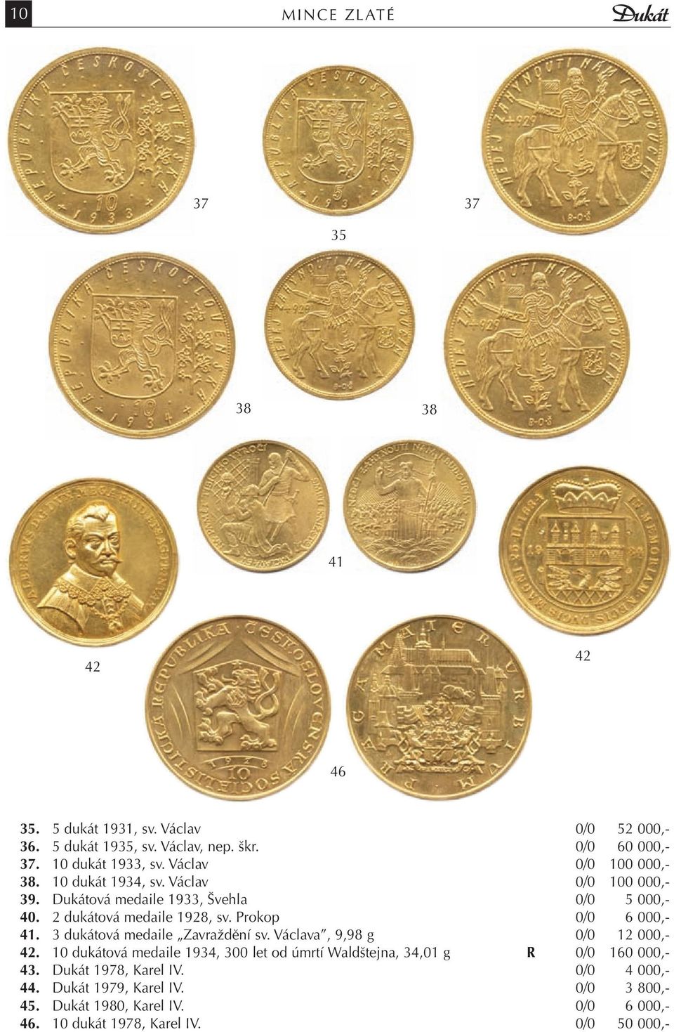 2 dukátová medaile 1928, sv. Prokop 0/0 6 000,- 41. 3 dukátová medaile Zavraždění sv. Václava, 9,98 g 0/0 12 000,- 42.