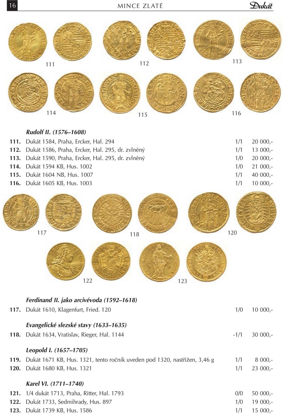 1003 1/1 10 000,- 117 118 120 122 123 Ferdinand II. jako arcivévoda (1592 1618) 117. Dukát 1610, Klagenfurt, Fried. 120 1/0 10 000,- Evangelické slezské stavy (1633 1635) 118.