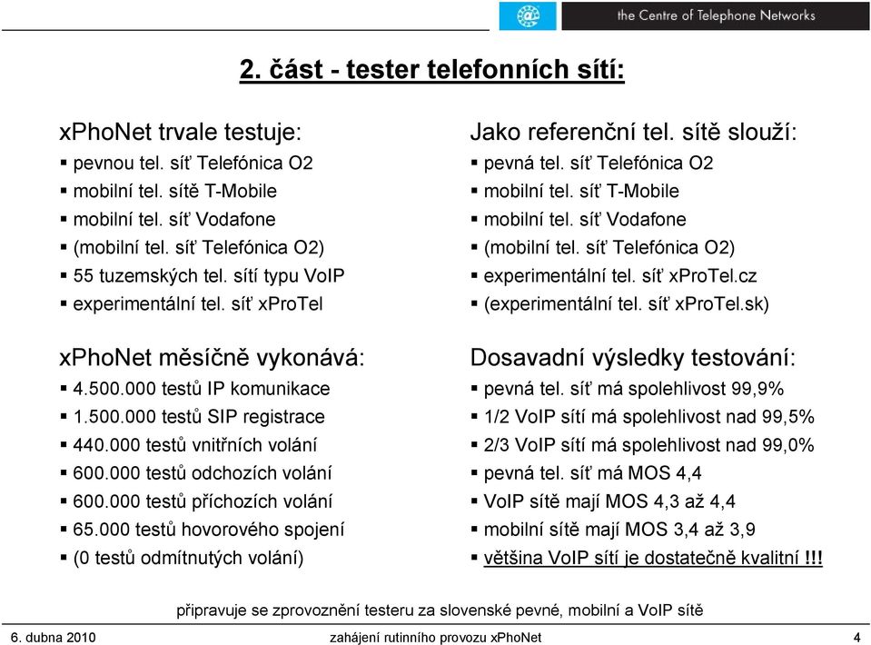 000 testů příchozích volání 65.000 testů hovorového spojení (0 testů odmítnutých volání) Jako referenční tel. sítě slouží: pevná tel. síť Telefónica O2 mobilní tel. síť T-Mobile mobilní tel.