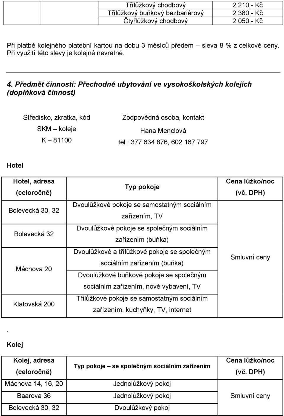 : 377 634 876, 602 167 797 Hotel Hotel, adresa (celoročně) Bolevecká 30, 32 Bolevecká 32 Máchova 20 Klatovská 200 Typ pokoje Dvoulůžkové pokoje se samostatným sociálním zařízením, TV Dvoulůžkové