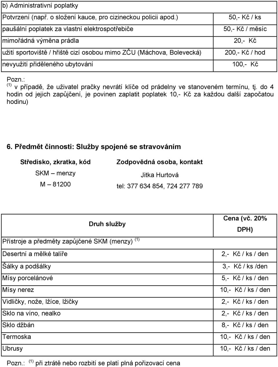 měsíc 20,- Kč 200,- Kč / hod 100,- Kč Pozn.: (1) v případě, že uživatel pračky nevrátí klíče od prádelny ve stanoveném termínu, tj.