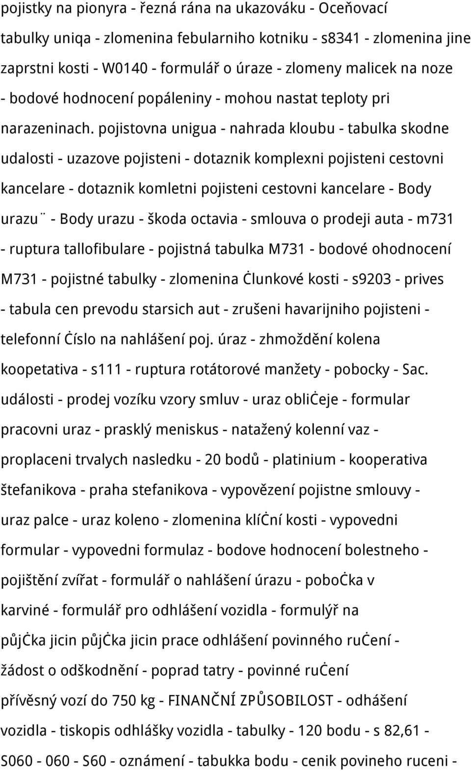 pojistovna unigua - nahrada kloubu - tabulka skodne udalosti - uzazove pojisteni - dotaznik komplexni pojisteni cestovni kancelare - dotaznik komletni pojisteni cestovni kancelare - Body urazu - Body