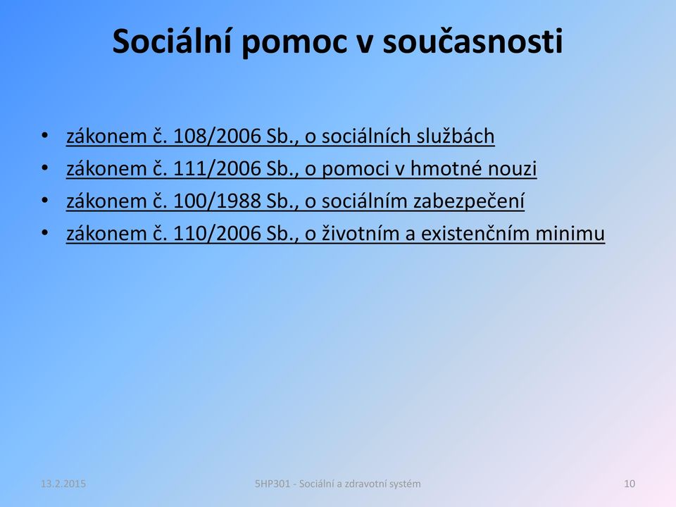 , o pomoci v hmotné nouzi zákonem č. 100/1988 Sb.