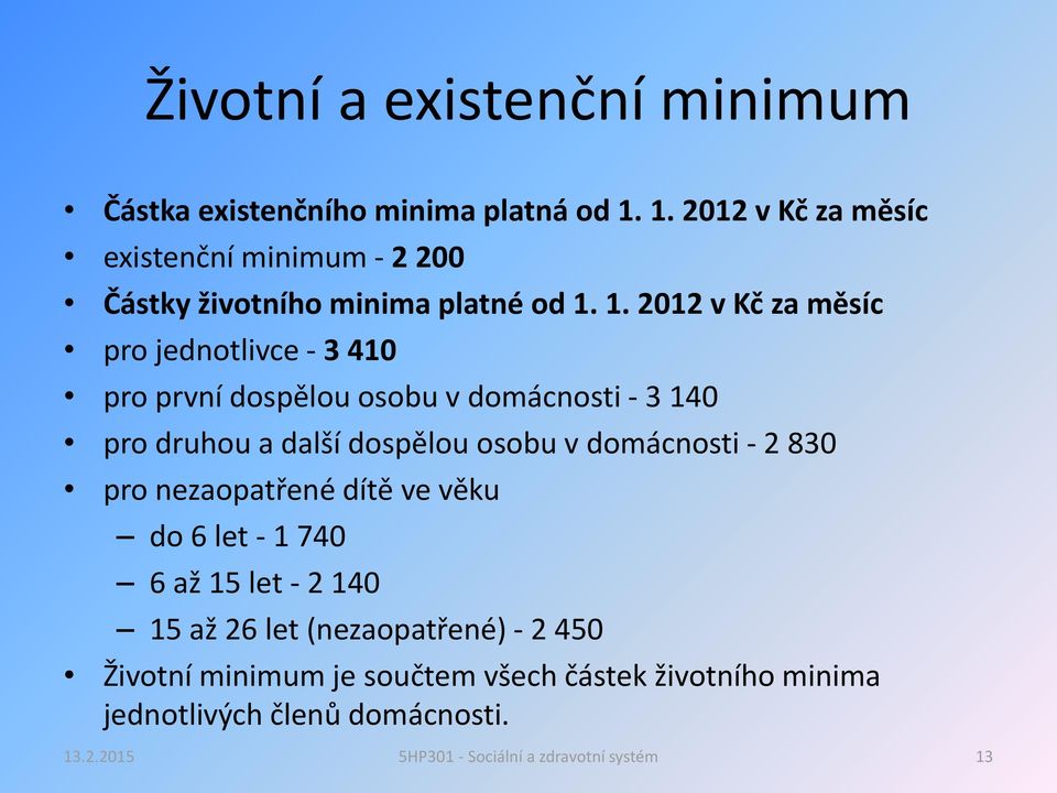 1. 2012 v Kč za měsíc pro jednotlivce - 3 410 pro první dospělou osobu v domácnosti - 3 140 pro druhou a další dospělou