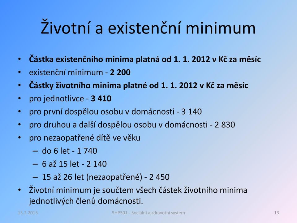 1. 2012 v Kč za měsíc pro jednotlivce - 3 410 pro první dospělou osobu v domácnosti - 3 140 pro druhou a další dospělou