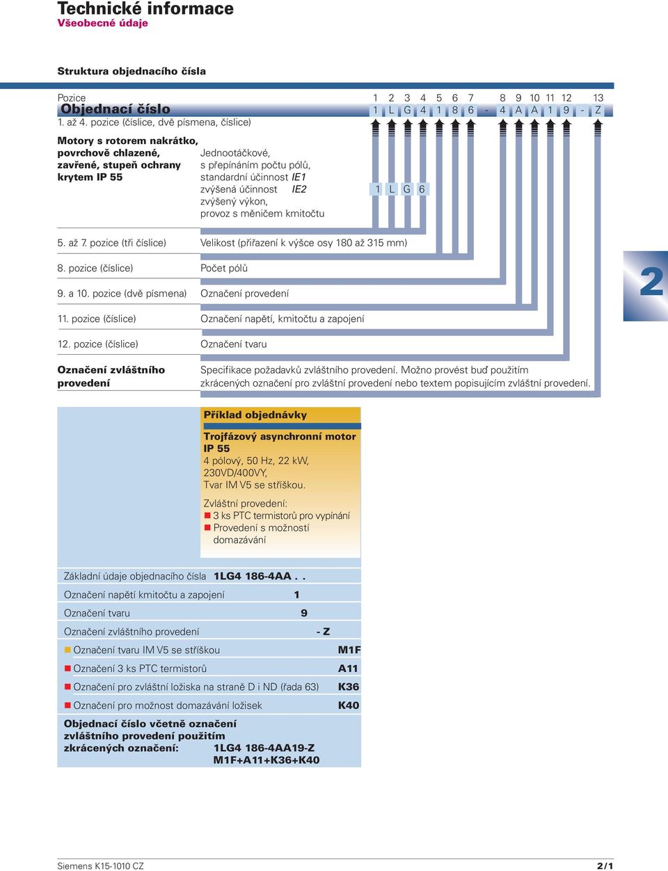 účinnost IE 1 L G 6 zvýšený výkon, provoz s měničem kmitočtu 5. až 7. pozice (tři číslice) Velikost (přiřazení k výšce osy 180 až 315 mm) 8. pozice (číslice) Počet pólů 9. a 10.