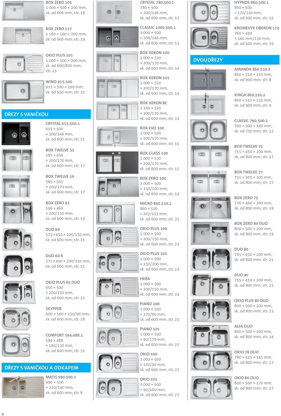 od 600/800 mm; str. 23 WIND 915.500 915 500 190 mm, sk. od 650 mm; str. 32 CRYSTAL 615.500.1 615 500 200/146 mm, sk. od 600 mm; str. 11 BOX TWELVE 55 585 450 200/170 mm, sk. od 600 mm; str. 17 BOX TWELVE 56 585 505 200/170 mm, sk.