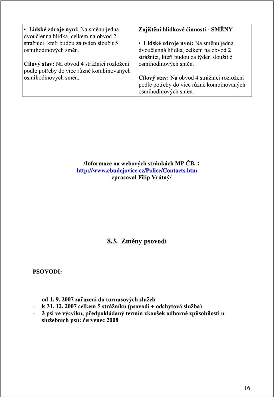 Zajištění hlídkové činnosti - SMĚNY   /Informace na webových stránkách MP ČB, : http://www.cbudejovice.cz/police/contacts.htm zpracoval Filip Vrátný/ 8.3. Změny psovodi PSOVODI: - od 1. 9.
