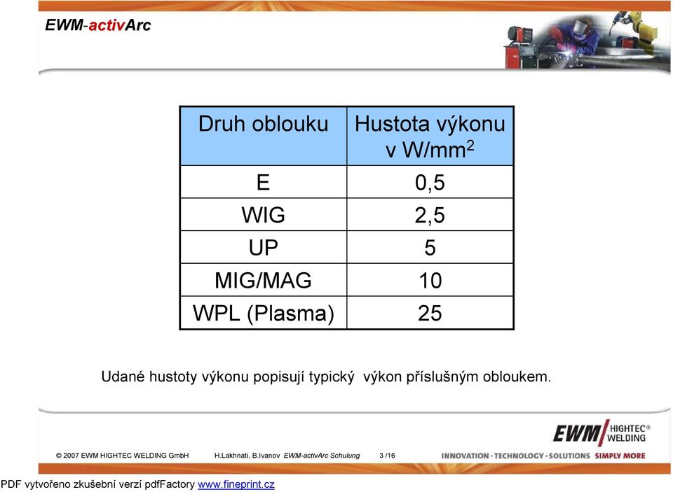 popisují typický výkon příslušným obloukem.