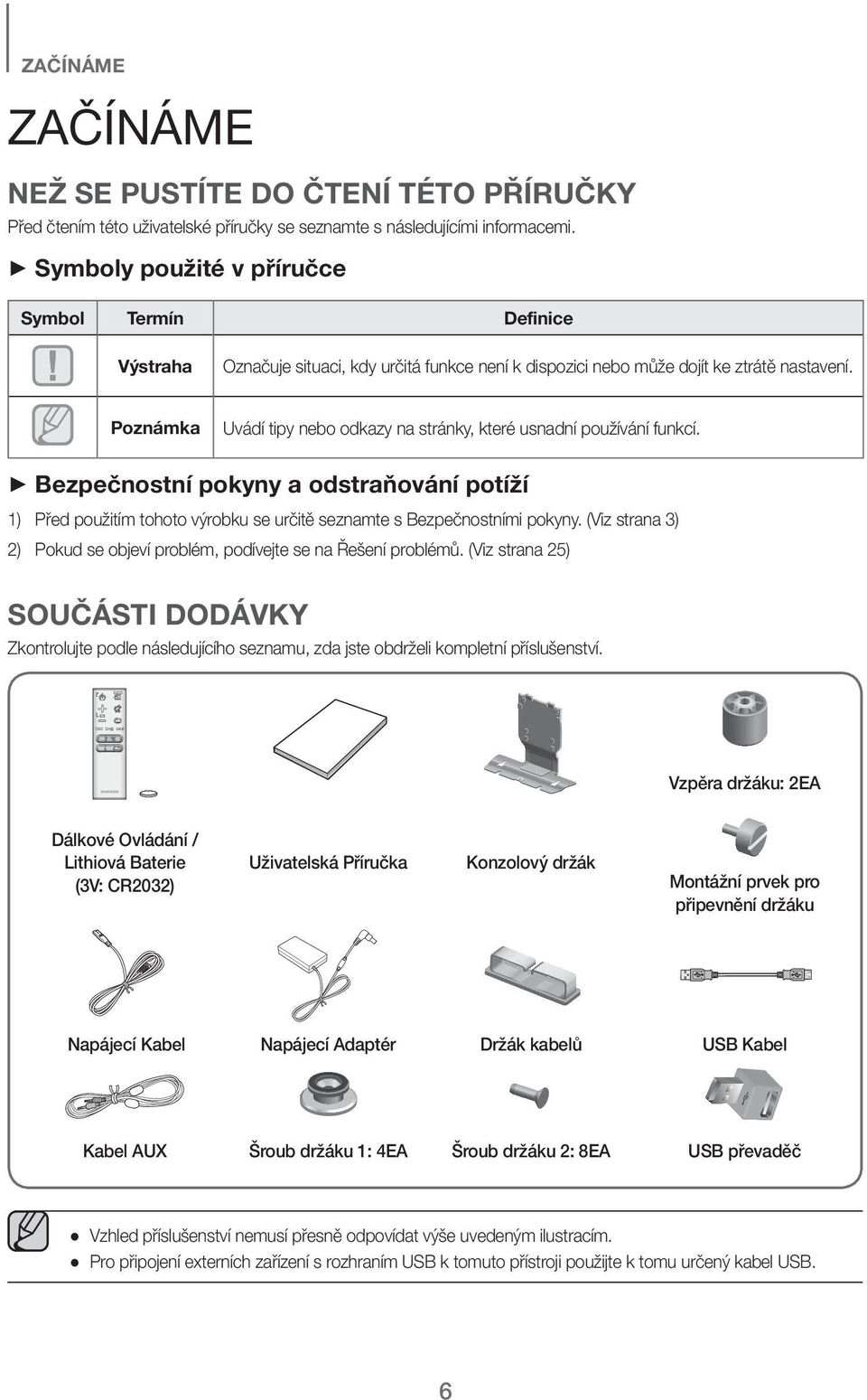 Poznámka Uvádí tipy nebo odkazy na stránky, které usnadní používání funkcí. + Bezpečnostní pokyny a odstraňování potíží 1) Před použitím tohoto výrobku se určitě seznamte s Bezpečnostními pokyny.