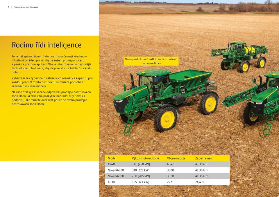 V tomto prospektu se můžete podrobně seznámit se všemi modely. Na vaše otázky zasvěceně odpoví váš prodejce postřikovačů John Deere.