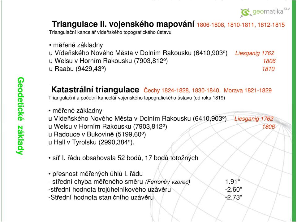 Welsu v Horním Rakousku (7903,812 o ) 1806 u Raabu (9429,43 o ) 1810 Geodetické základy Katastrální triangulace Čechy 1824-1828, 1830-1840, Morava 1821-1829 Triangulační a početní kancelář vojenského