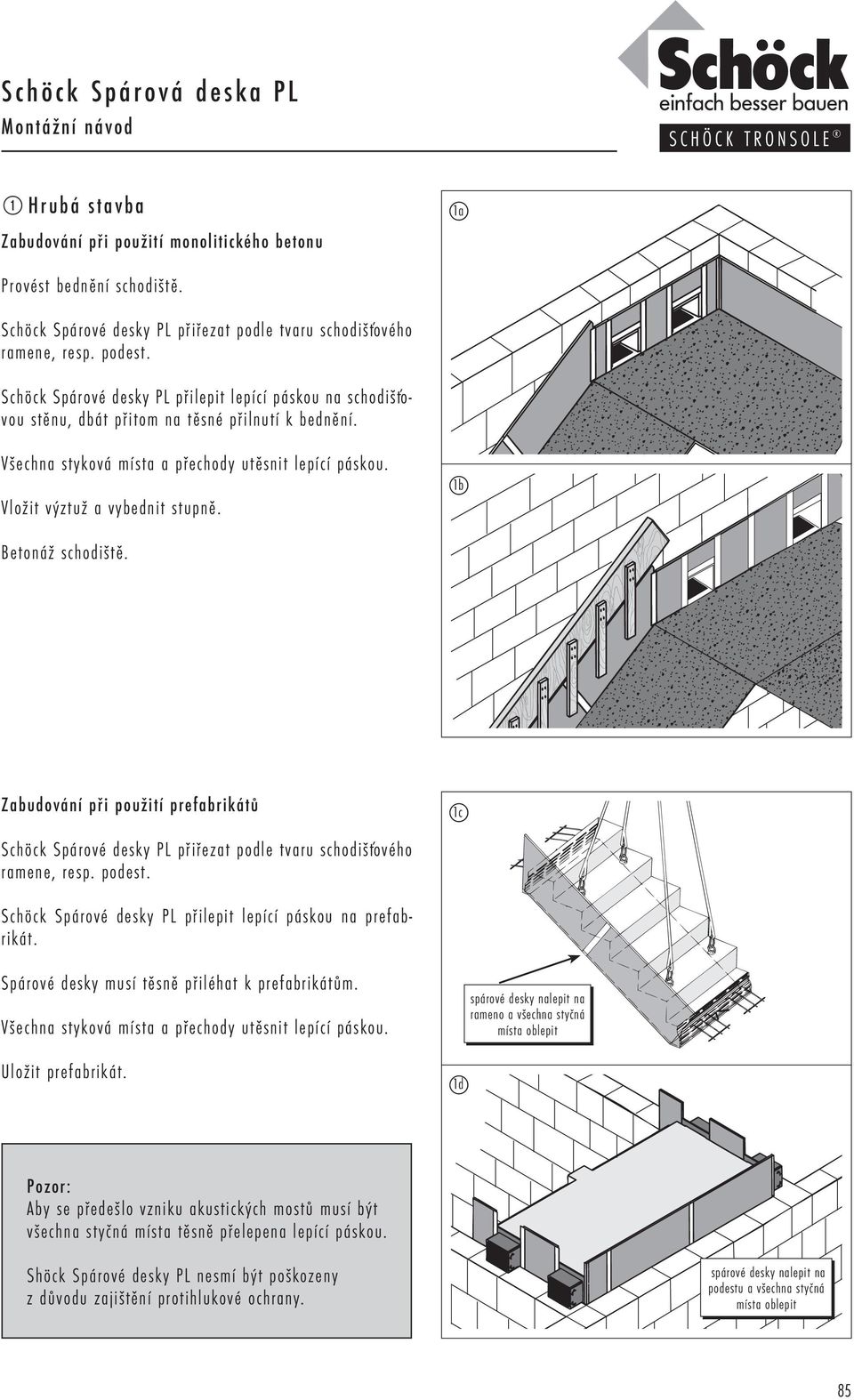 1b Betonáž schodiště. Zabudování při použití prefabrikátů 1c Schöck Spárové desky přiřezat podle tvaru schodišťového ramene, resp. podest. Schöck Spárové desky přilepit lepící páskou na prefabrikát.