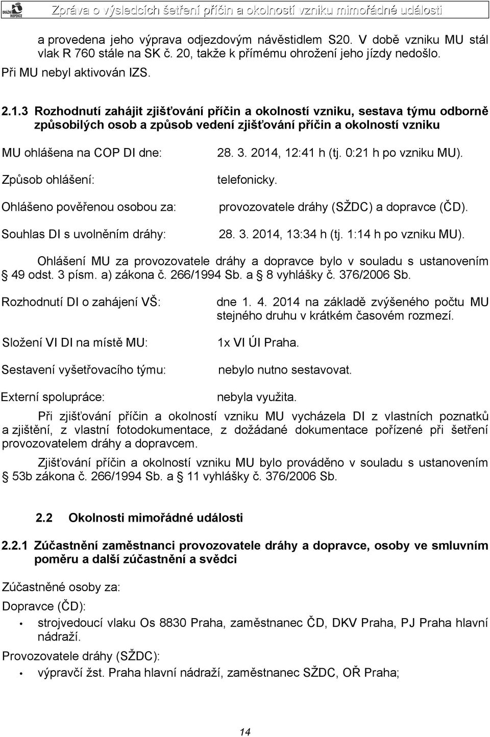 Ohlášeno pověřenou osobou za: Souhlas DI s uvolněním dráhy: 28. 3. 2014, 12:41 h (tj. 0:21 h po vzniku MU). telefonicky. provozovatele dráhy (SŽDC) a dopravce (ČD). 28. 3. 2014, 13:34 h (tj.