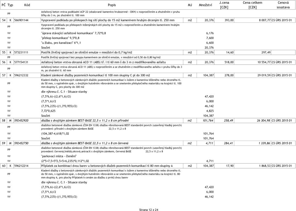 250 mm m2 20,376 393,00 8 007,77 CS ÚRS 2015 01 Vyspravení podkladu po překopech inženýrských sítí plochy do 15 m2 s rozprostřením a zhutněním kamenivem hrubým drceným tl.