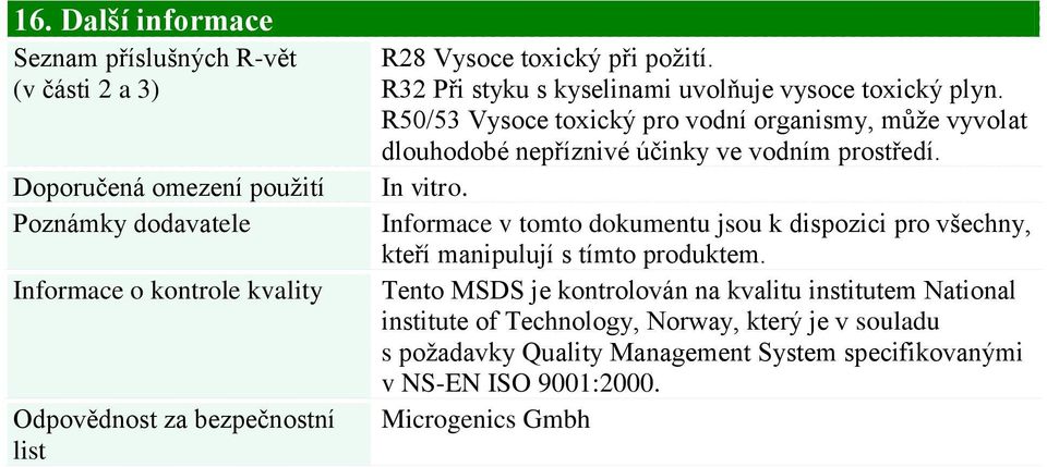 R50/53 Vysoce toxický pro vodní organismy, může vyvolat dlouhodobé nepříznivé účinky ve vodním prostředí. In vitro.