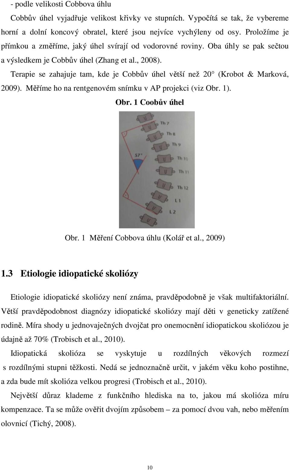Terapie se zahajuje tam, kde je Cobbův úhel větší než 20 (Krobot & Marková, 2009). Měříme ho na rentgenovém snímku v AP projekci (viz Obr. 1). Obr. 1 Coobův úhel Obr.