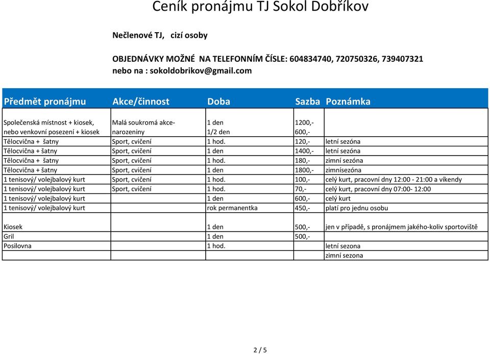 120,- letní sezóna Tělocvična + šatny Sport, cvičení 1400,- letní sezóna Tělocvična + šatny Sport, cvičení 1 hod.