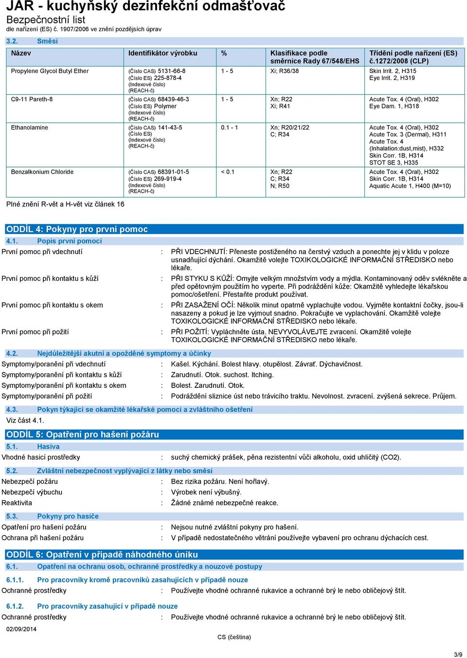 269-919-4 (Indexové číslo) (REACH-č) Plné znění R-vět a H-vět viz článek 16 Třídění podle nařízení (ES) č.1272/2008 (CLP) 1-5 Xi; R36/38 Skin Irrit. 2, H315 Eye Irrit. 2, H319 1-5 Xn; R22 Xi; R41 0.