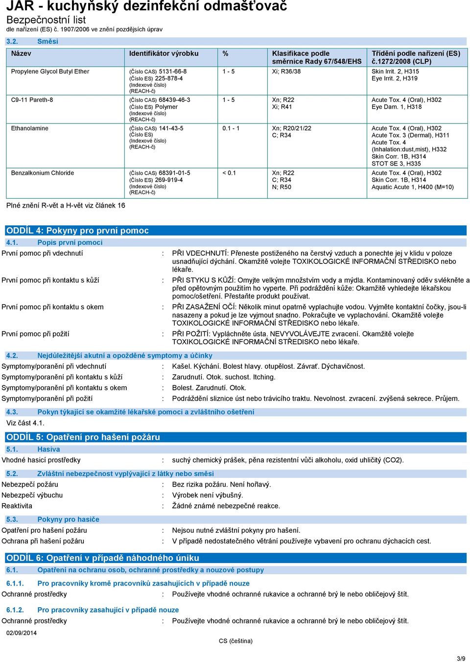 269-919-4 (Indexové číslo) (REACH-č) Plné znění R-vět a H-vět viz článek 16 Třídění podle nařízení (ES) č.1272/2008 (CLP) 1-5 Xi; R36/38 Skin Irrit. 2, H315 Eye Irrit. 2, H319 1-5 Xn; R22 Xi; R41 0.