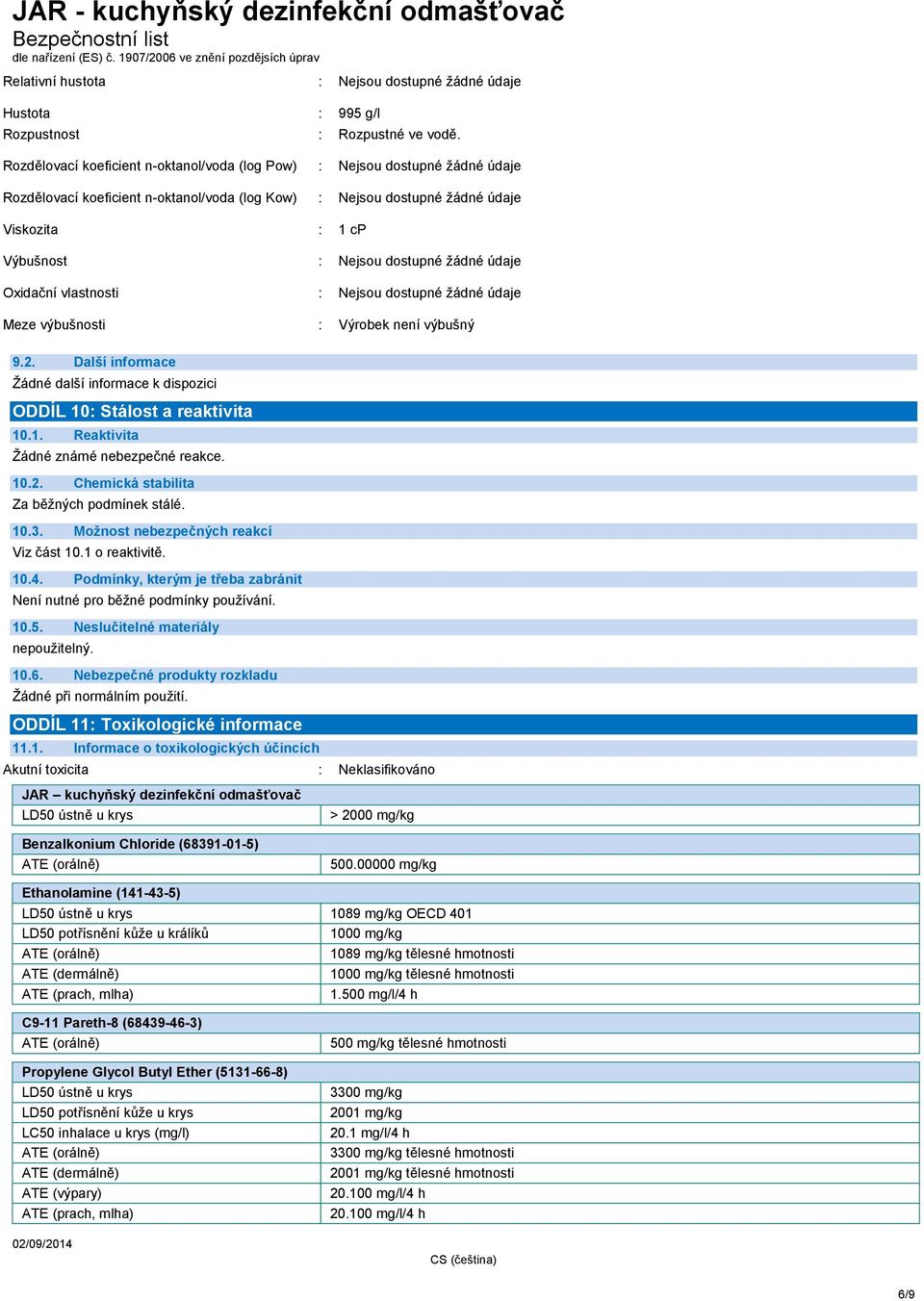 dostupné žádné údaje Oxidační vlastnosti : Nejsou dostupné žádné údaje Meze výbušnosti : Výrobek není výbušný 9.2. Další informace Žádné další informace k dispozici ODDÍL 10: Stálost a reaktivita 10.
