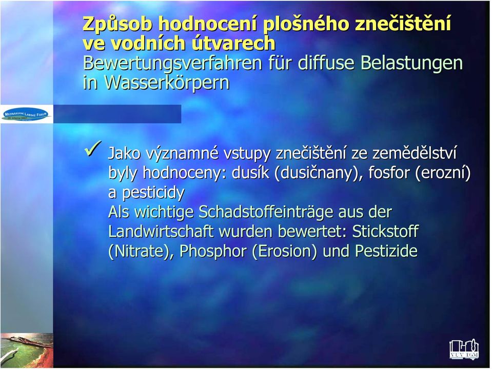 byly hodnoceny: dusík (dusičnany), fosfor (erozní) a pesticidy Als wichtige