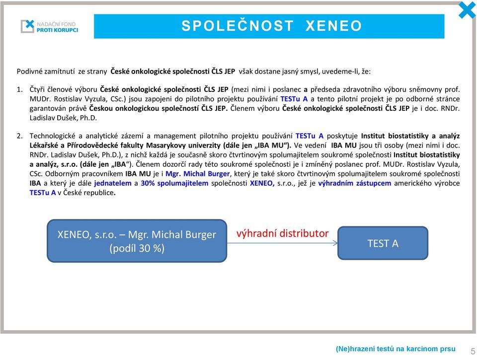 ) jsou zapojeni do pilotního projektu používání TESTu A a tento pilotní projekt je po odborné stránce garantován právě Českou onkologickou společností ČLS JEP.