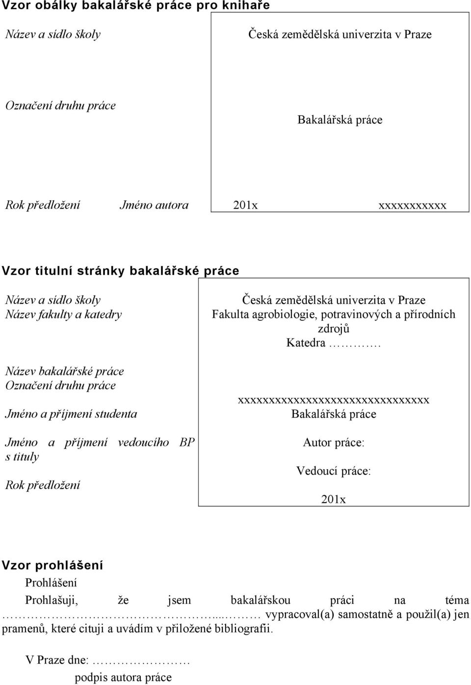 Česká zemědělská univerzita v Praze Fakulta agrobiologie, potravinových a přírodních zdrojů Katedra.