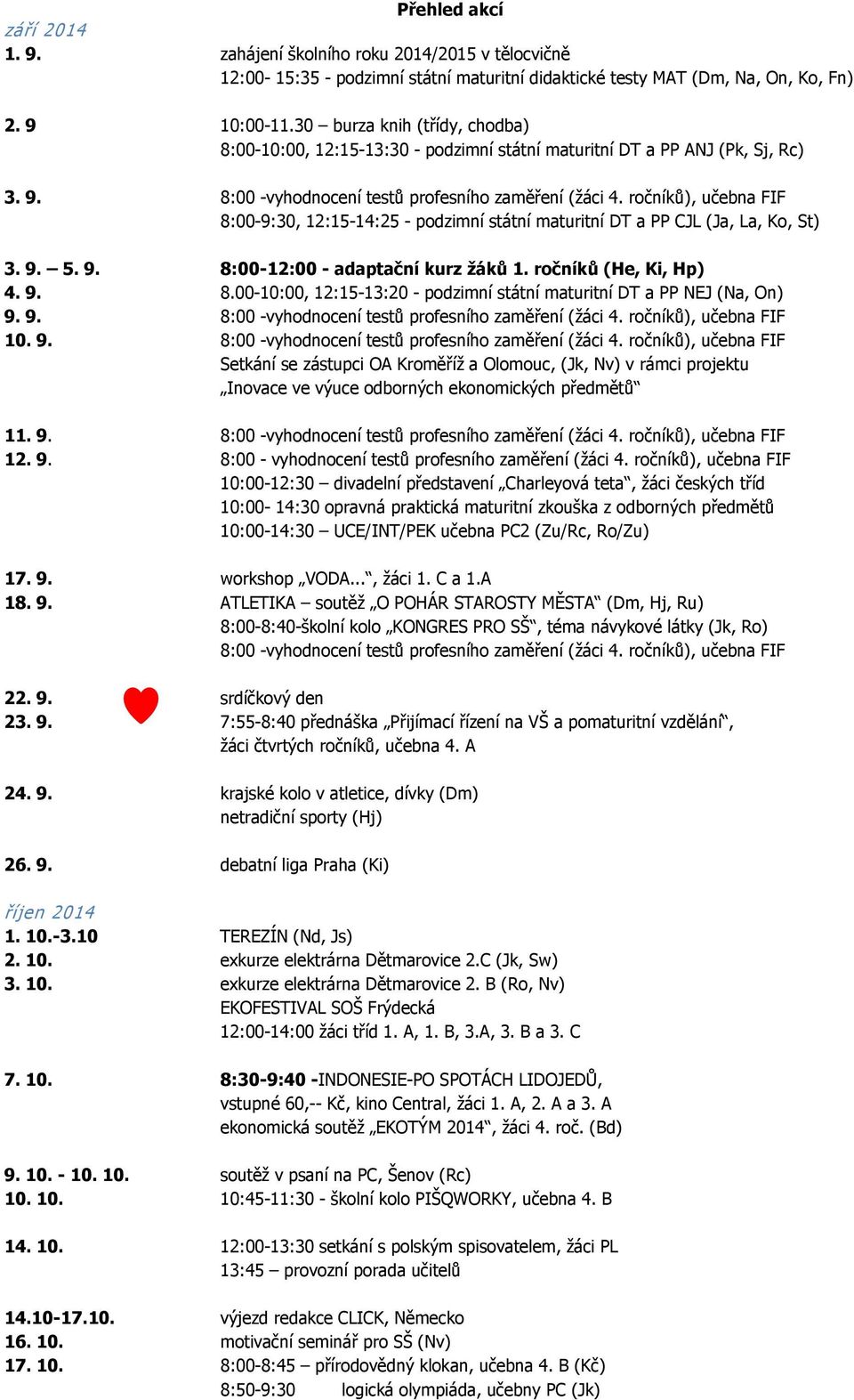 ročníků), učebna FIF 8:00-9:30, 12:15-14:25 - podzimní státní maturitní DT a PP CJL (Ja, La, Ko, St) 3. 9. 5. 9. 8:00-12:00 - adaptační kurz žáků 1. ročníků (He, Ki, Hp) 4. 9. 8.00-10:00, 12:15-13:20 - podzimní státní maturitní DT a PP NEJ (Na, On) 9.
