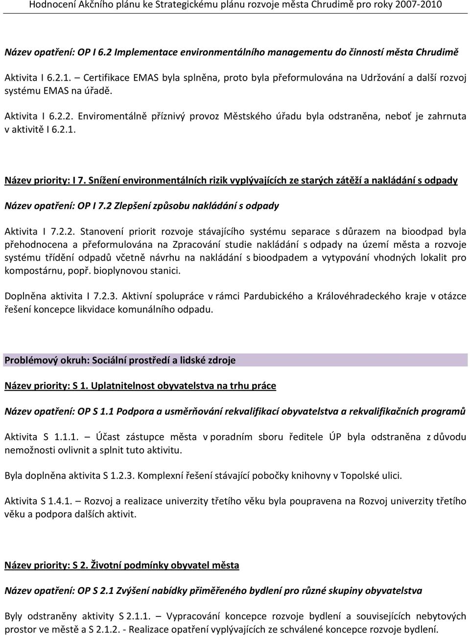 2. Enviromentálně příznivý provoz Městského úřadu byla odstraněna, neboť je zahrnuta v aktivitě I 6.2.1. Název priority: I 7.