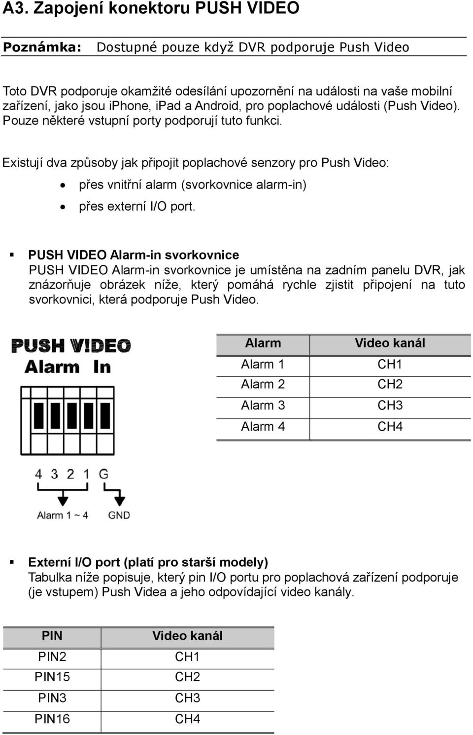 Existují dva způsoby jak připojit poplachové senzory pro Push Video: přes vnitřní alarm (svorkovnice alarm-in) přes externí I/O port.