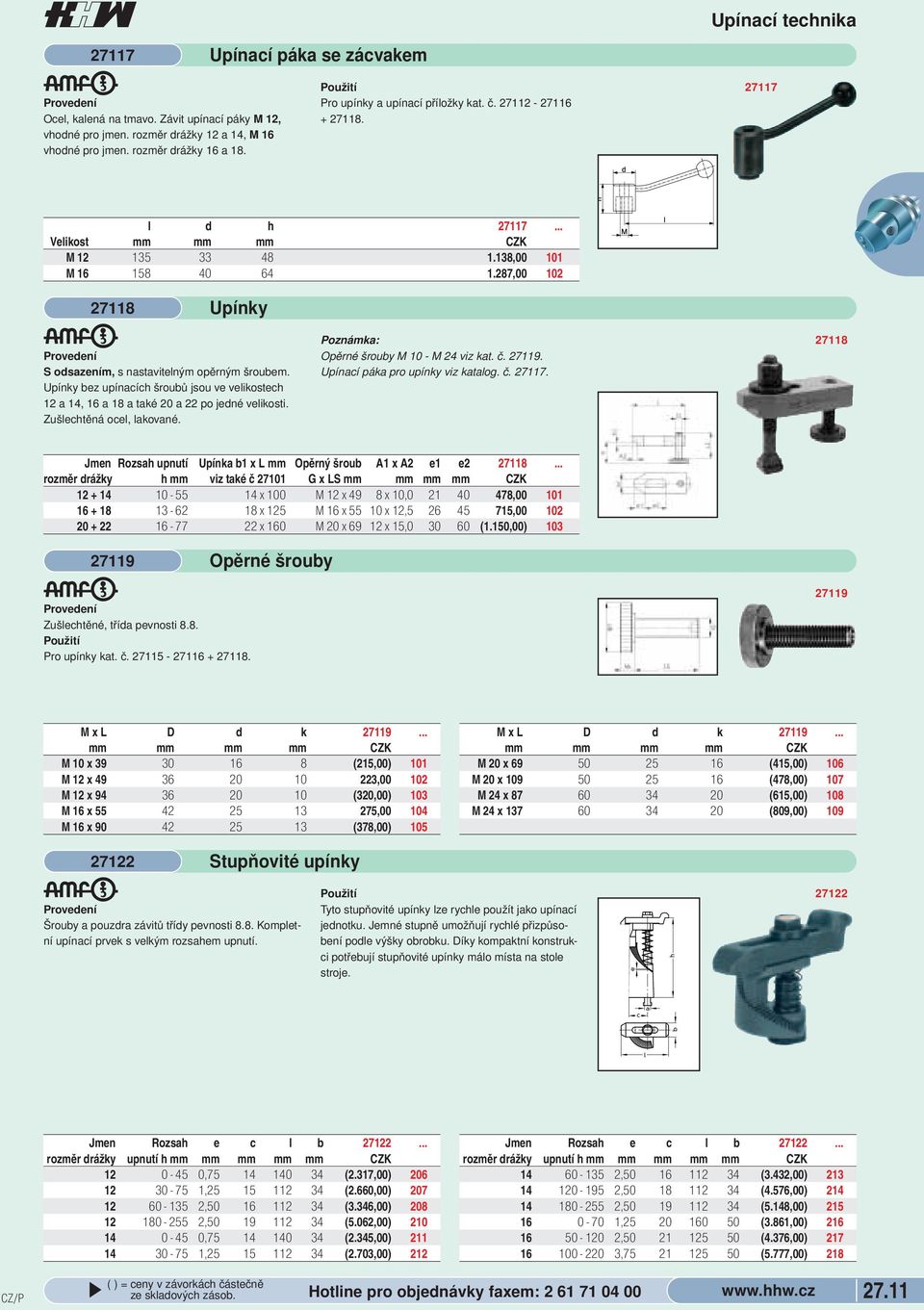 upínacích šroubů jsou ve velikostech 12 a 14, 16 a 18 a také 20 a 22 po jedné velikosti Zušlechtěná ocel, lakované Opěrné šrouby M 10 - M 24 viz kat č 27119 Upínací páka pro upínky viz katalog č