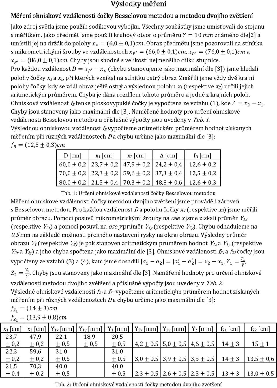 Obraz předmětu jsme pozorovali na stínítku s mikrometrickými šrouby ve vzdálenostech d e S = (66,0)gc, d e S = (76,0)gc a d e S = (86,0)gc. Chyby jsou shodné s velikostí nejmenšího dílku stupnice.