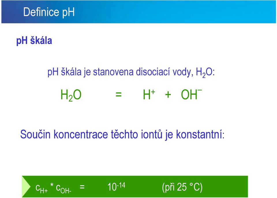 H + + OH Součin koncentrace těchto iontů