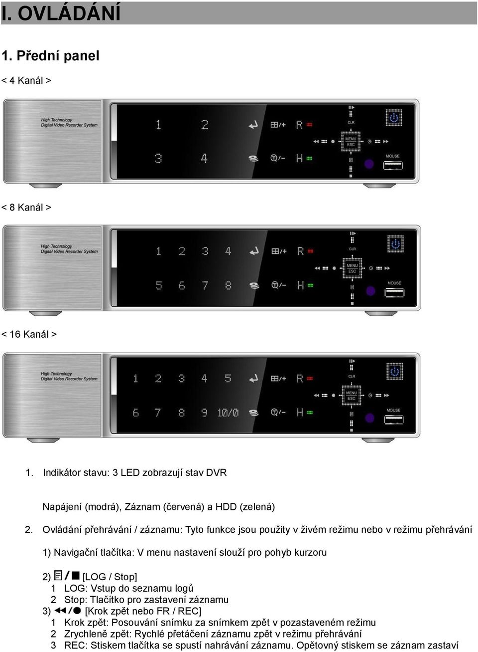 [LOG / Stop] 1 LOG: Vstup do seznamu logů 2 Stop: Tlačítko pro zastavení záznamu 3) [Krok zpět nebo FR / REC] 1 Krok zpět: Posouvání snímku za snímkem zpět v