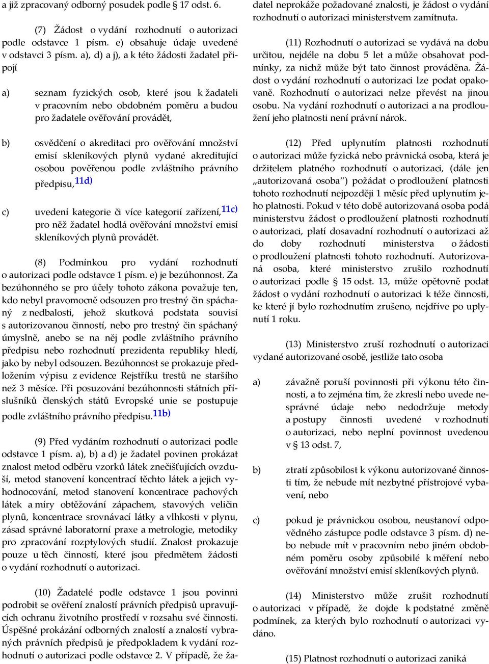 ověřování množství emisí skleníkových plynů vydané akreditující osobou pověřenou podle zvláštního právního předpisu, 11d) c) uvedení kategorie či více kategorií zařízení, 11c) pro něž žadatel hodlá