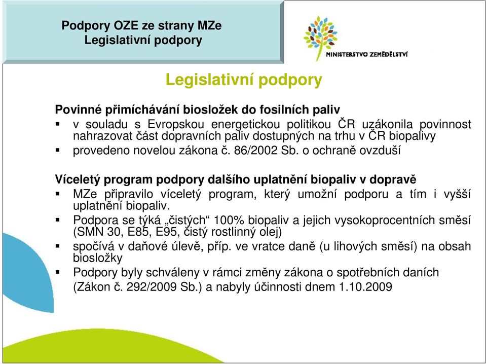 o ochraně ovzduší Víceletý program podpory dalšího uplatnění biopaliv v dopravě MZe připravilo víceletý program, který umožní podporu a tím i vyšší uplatnění biopaliv.