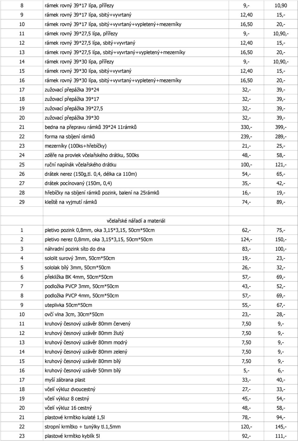 rámek rovný 39*30 lípa, sbitý+vyvrtaný 12,40 15,- 16 rámek rovný 39*30 lípa, sbitý+vyvrtaný+vypletený+mezerníky 16,50 20,- 17 zužovací přepážka 39*24 32,- 39,- 18 zužovací přepážka 39*17 32,- 39,- 19