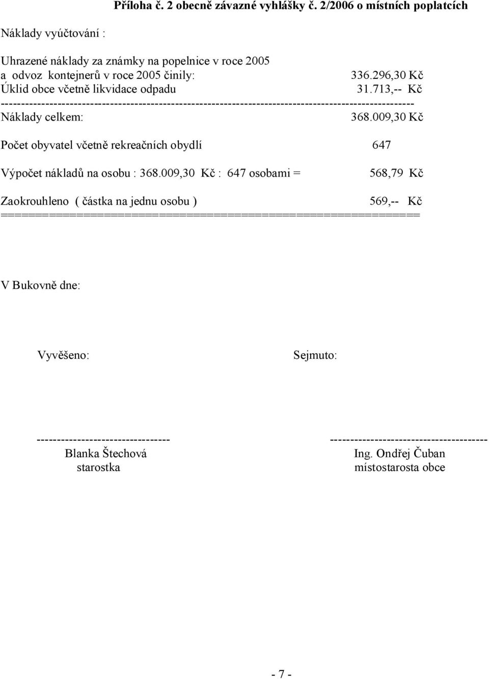009,30 Kč Počet obyvatel včetně rekreačních obydlí 647 Výpočet nákladů na osobu : 368.