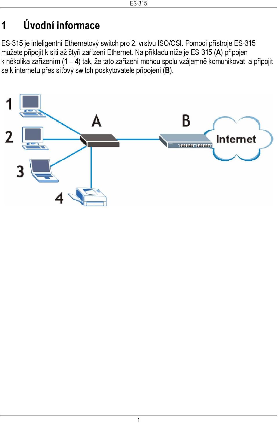 Na příkladu níže je ES-315 (A) připojen k několika zařízením (1 4) tak, že tato zařízení