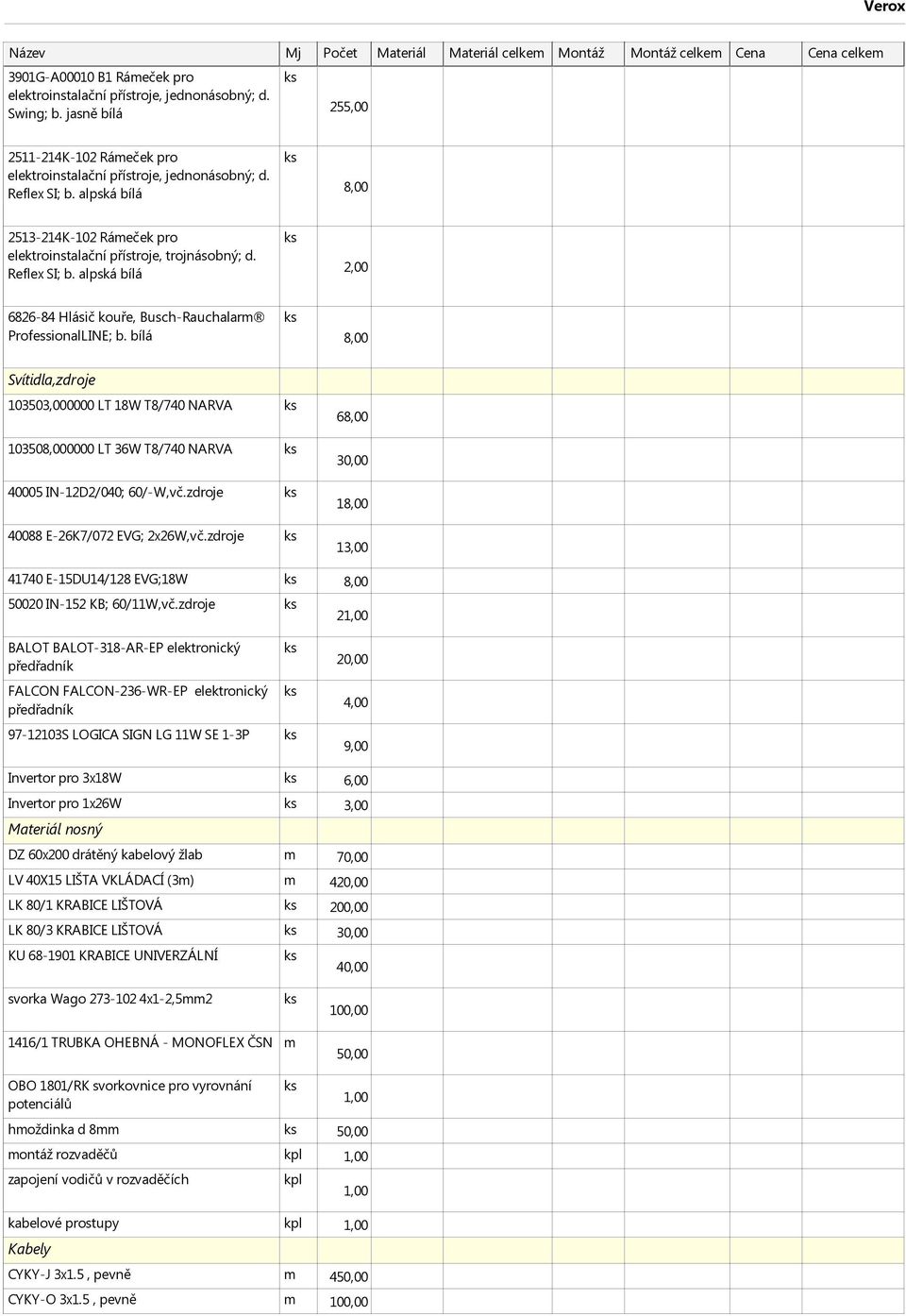 bílá Svítidla,zdroje 103503,000000 LT 18W T8/740 NARVA 103500000 LT 36W T8/740 NARVA 40005 IN-12D2/040; 60/-W,vč.zdroje 40088 E-26K7/072 EVG; 2x26W,vč.