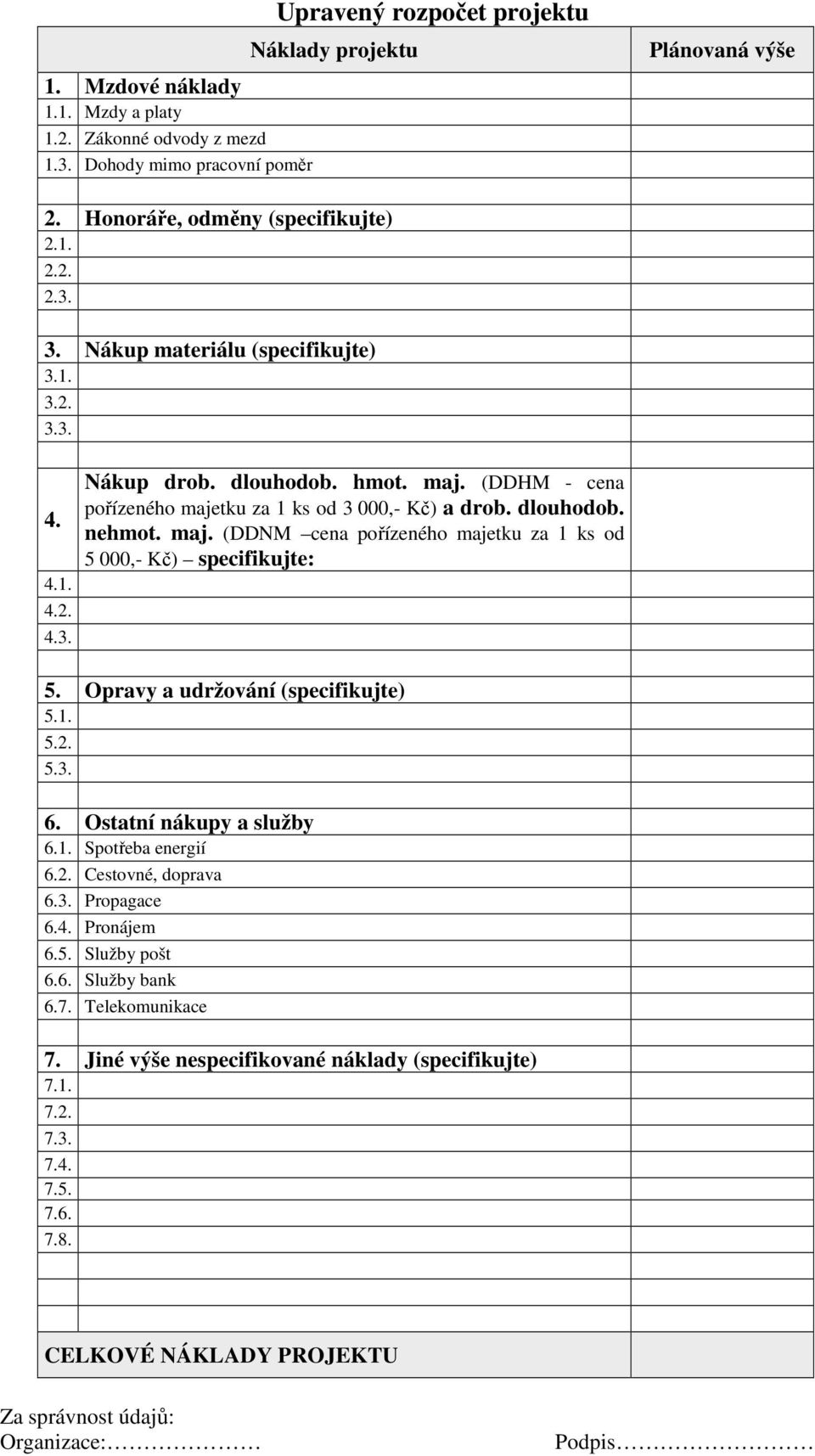 Opravy a udržování (specifikujte) 5.1. 5.2. 5.3. 6. Ostatní nákupy a služby 6.1. Spotřeba energií 6.2. Cestovné, doprava 6.3. Propagace 6.4. Pronájem 6.5. Služby pošt 6.6. Služby bank 6.7.