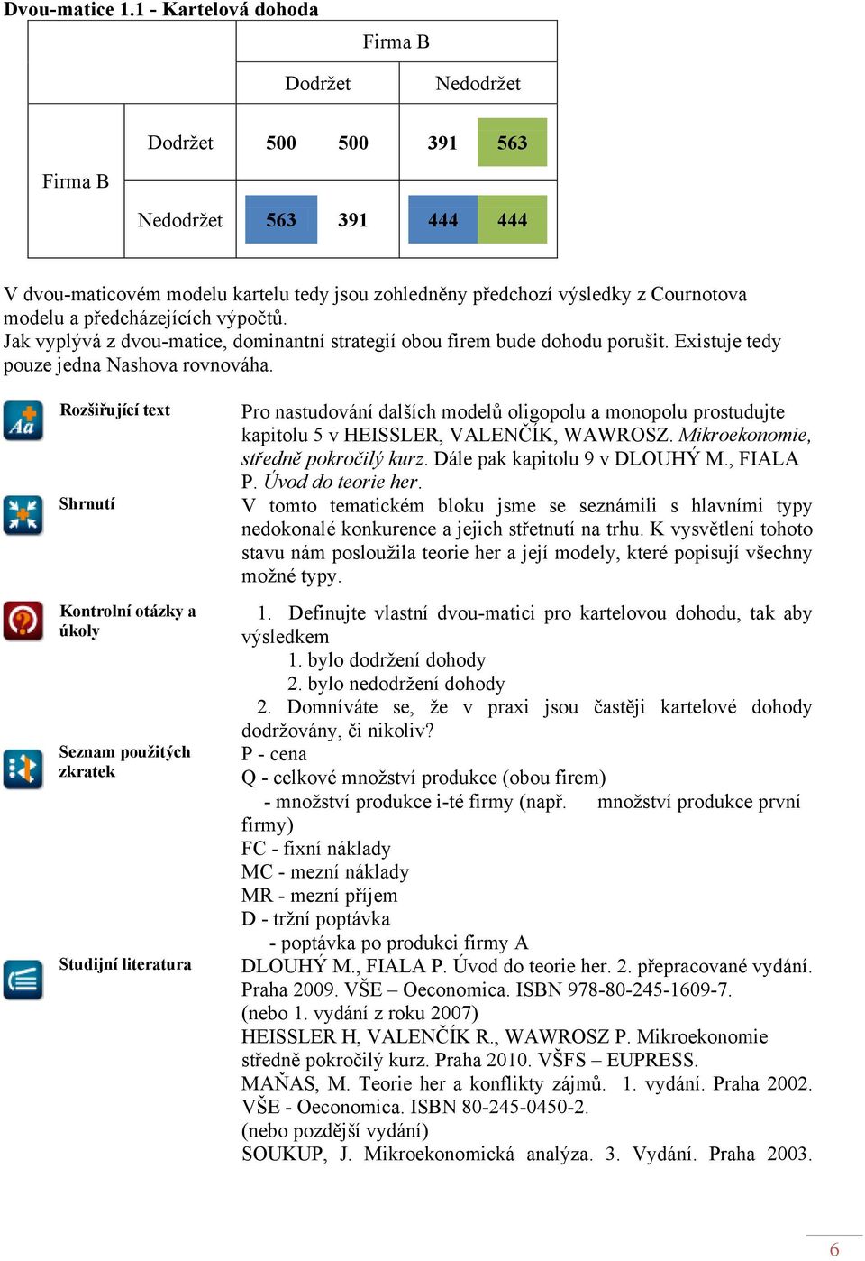 předcházejících výpočtů. Jak vyplývá z dvou-matice, dominantní strategií obou firem bude dohodu porušit. Existuje tedy pouze jedna Nashova rovnováha.