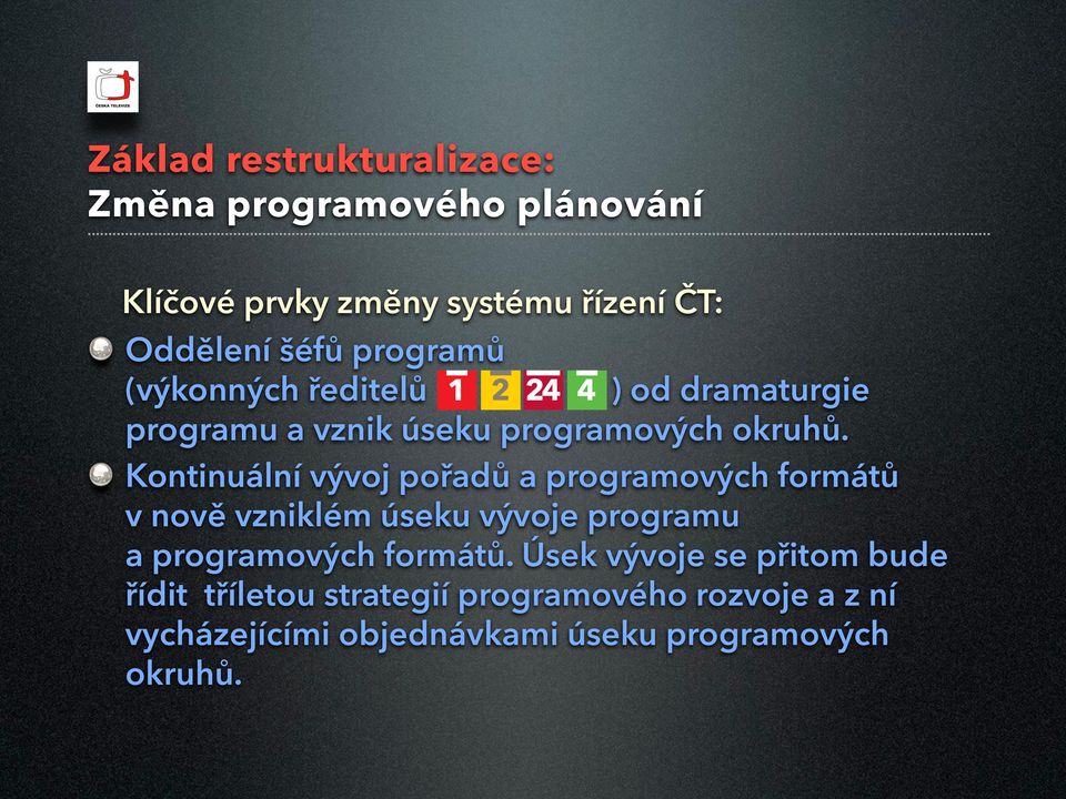 Kontinuální vývoj pořadů a programových formátů v nově vzniklém úseku vývoje programu a programových formátů.