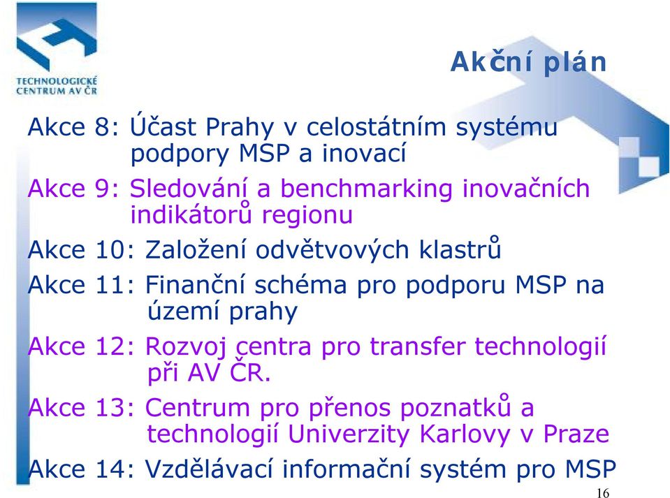 schéma pro podporu MSP na území prahy Akce 12: Rozvoj centra pro transfer technologií při AV ČR.