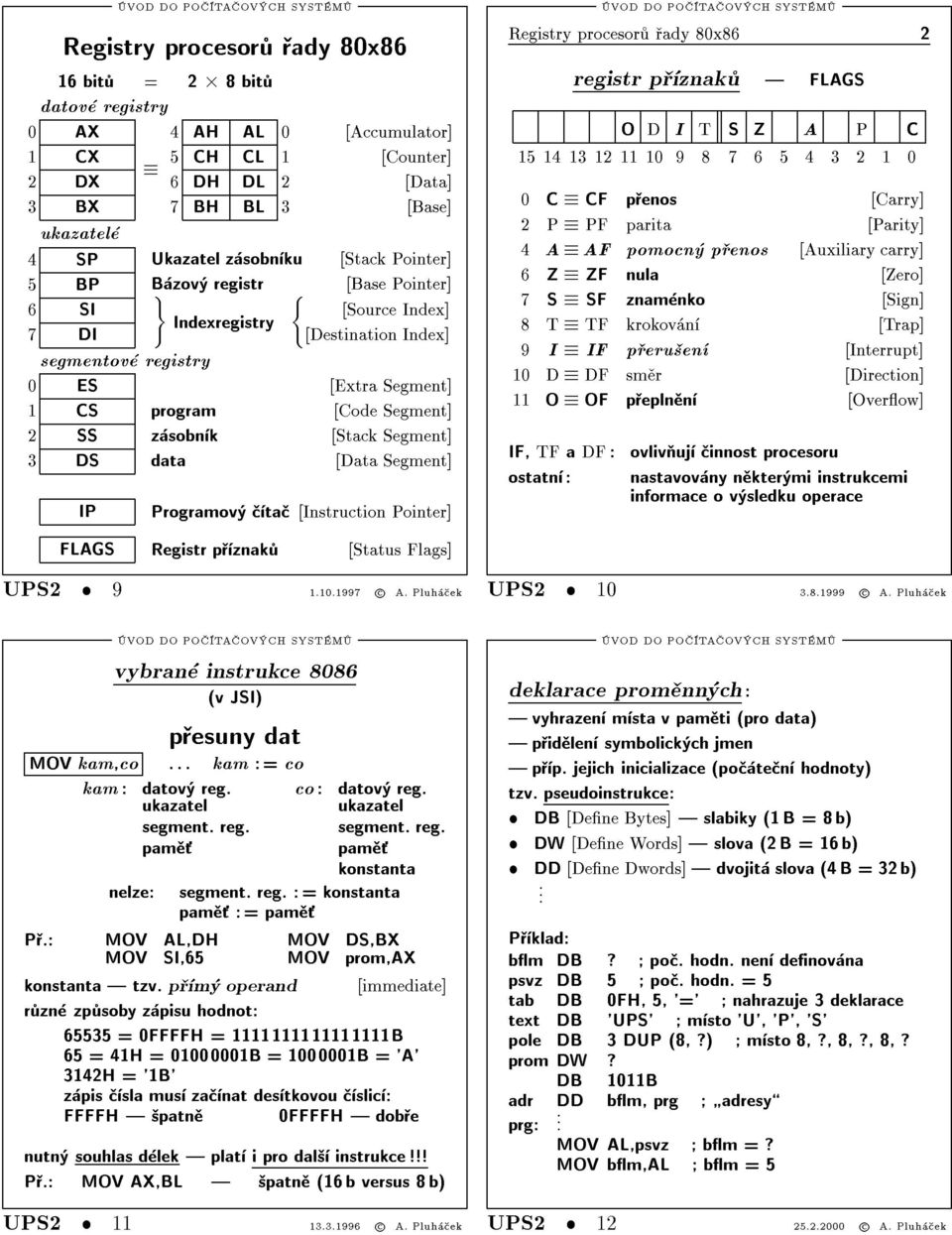 Segment] [Stack Segment] [Data Segment] Programový èítaè [Instruction Pointer] Registry procesorù øady 80x86 2 registr pøíznakù FLAGS O D I T S Z A P C 15 14 13 12 11 10 9 8 7 6 5 4 3 2 1 0 0 C CF