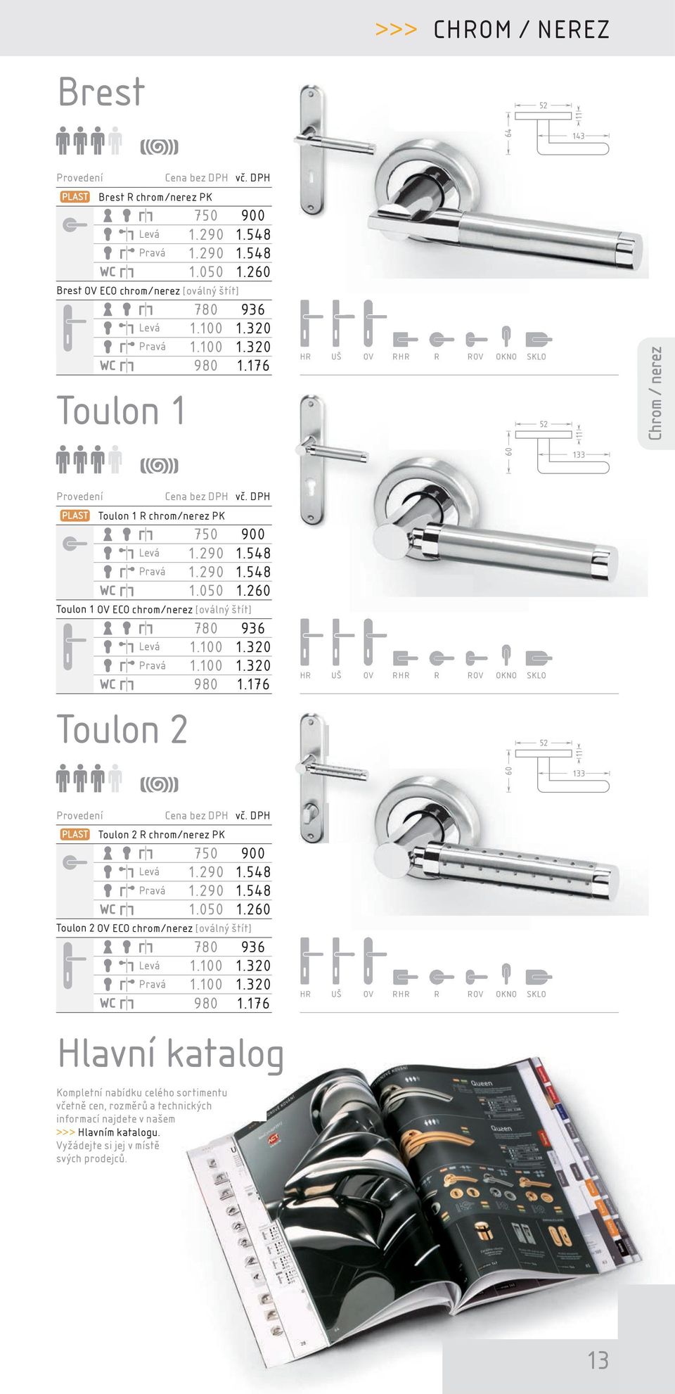 100 1.320 980 1.176 60 133 Toulon 2 R chrom/nerez PK 750 900 Levá 1.290 1.548 Pravá 1.290 1.548 1.050 1.260 Toulon 2 OV ECO chrom/nerez [oválný štít] 780 936 Levá 1.100 1.320 Pravá 1.100 1.320 980 1.176 Hlavní katalog Kompletní nabídku celého sortimentu včetně cen, rozměrů a technických informací najdete v našem >>> Hlavním katalogu.