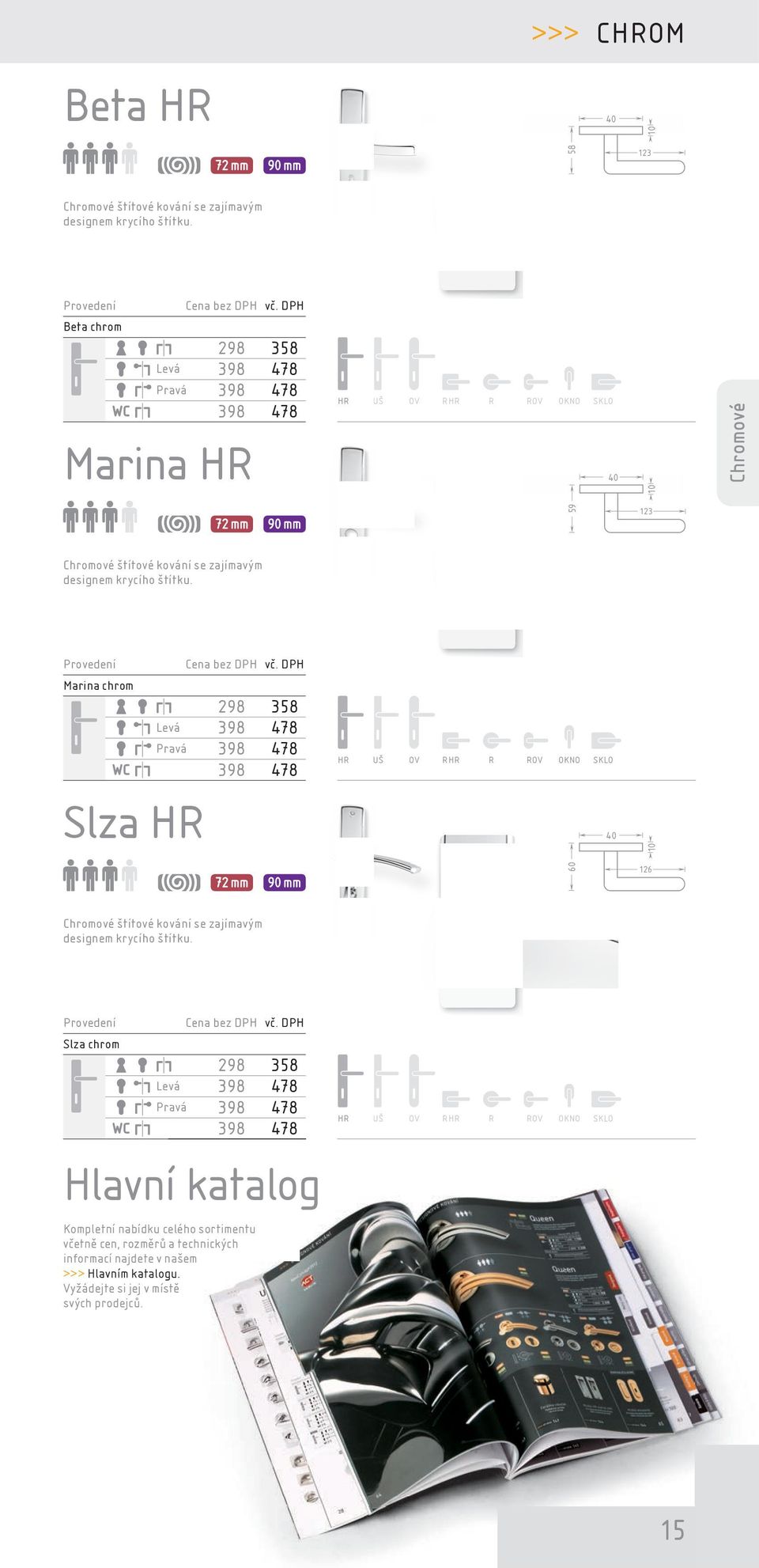 Marina chrom Slza HR 298 358 Levá 398 478 Pravá 398 478 398 478 40 10 72 mm 90 mm 60 126 Chromové štítové kování se zajímavým designem krycího štítku.