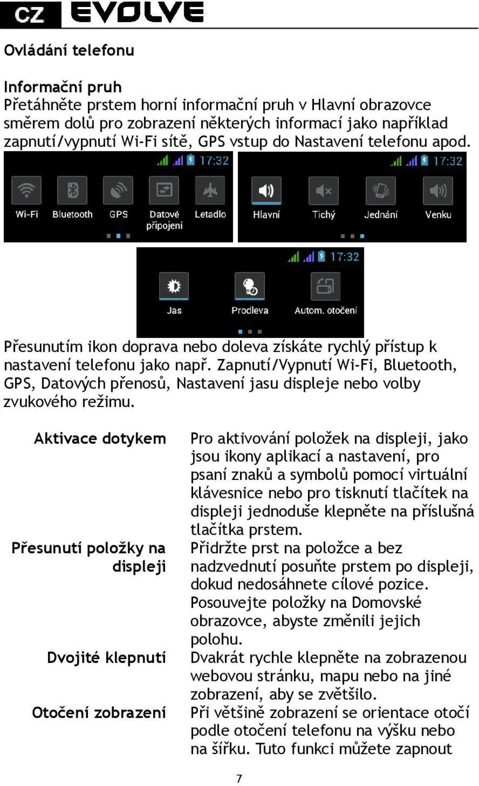 Zapnutí/Vypnutí Wi-Fi, Bluetooth, GPS, Datových přenosů, Nastavení jasu displeje nebo volby zvukového režimu.